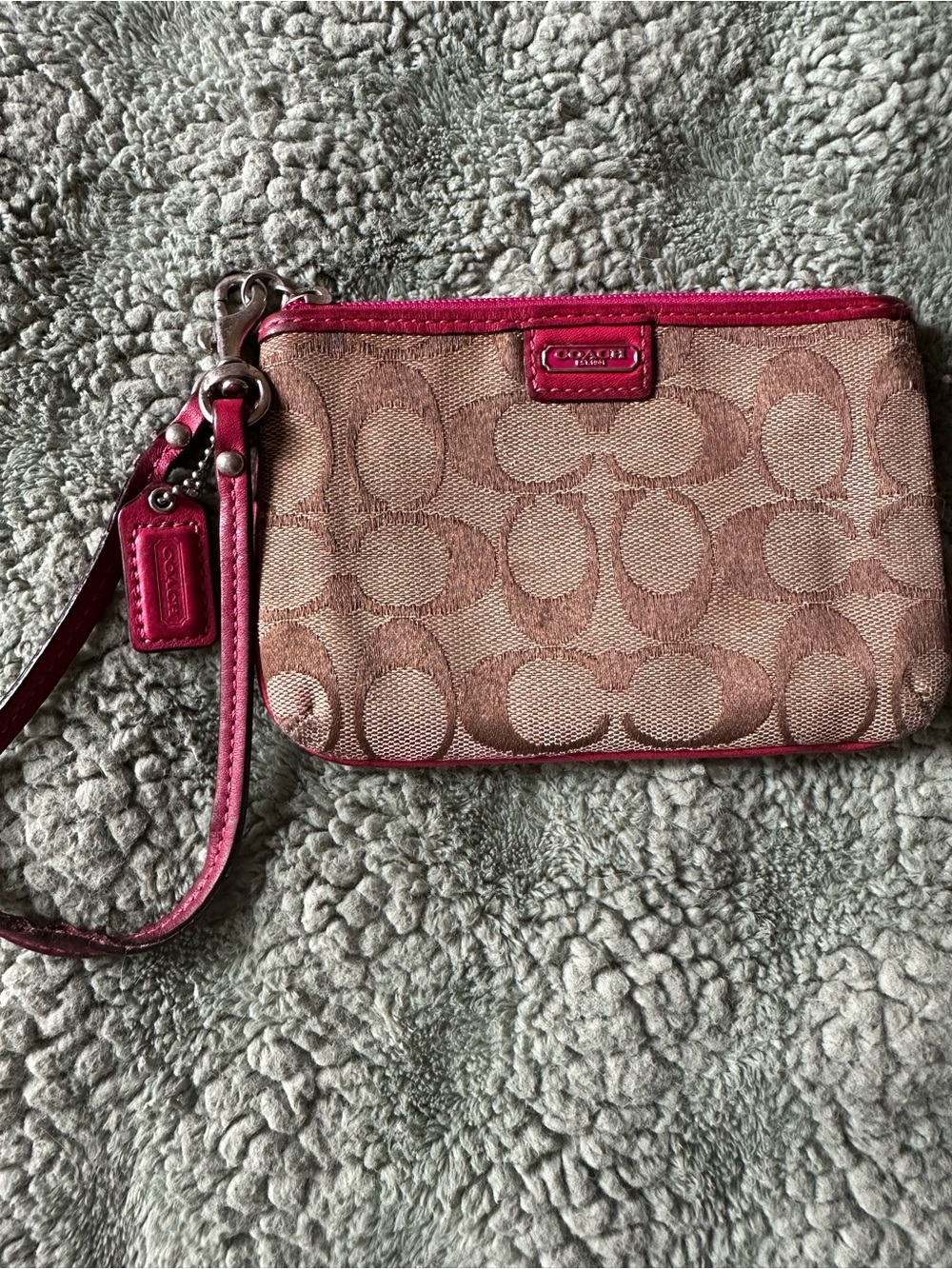 Coach Beige Signature Canvas Wristlet with Pink Trim